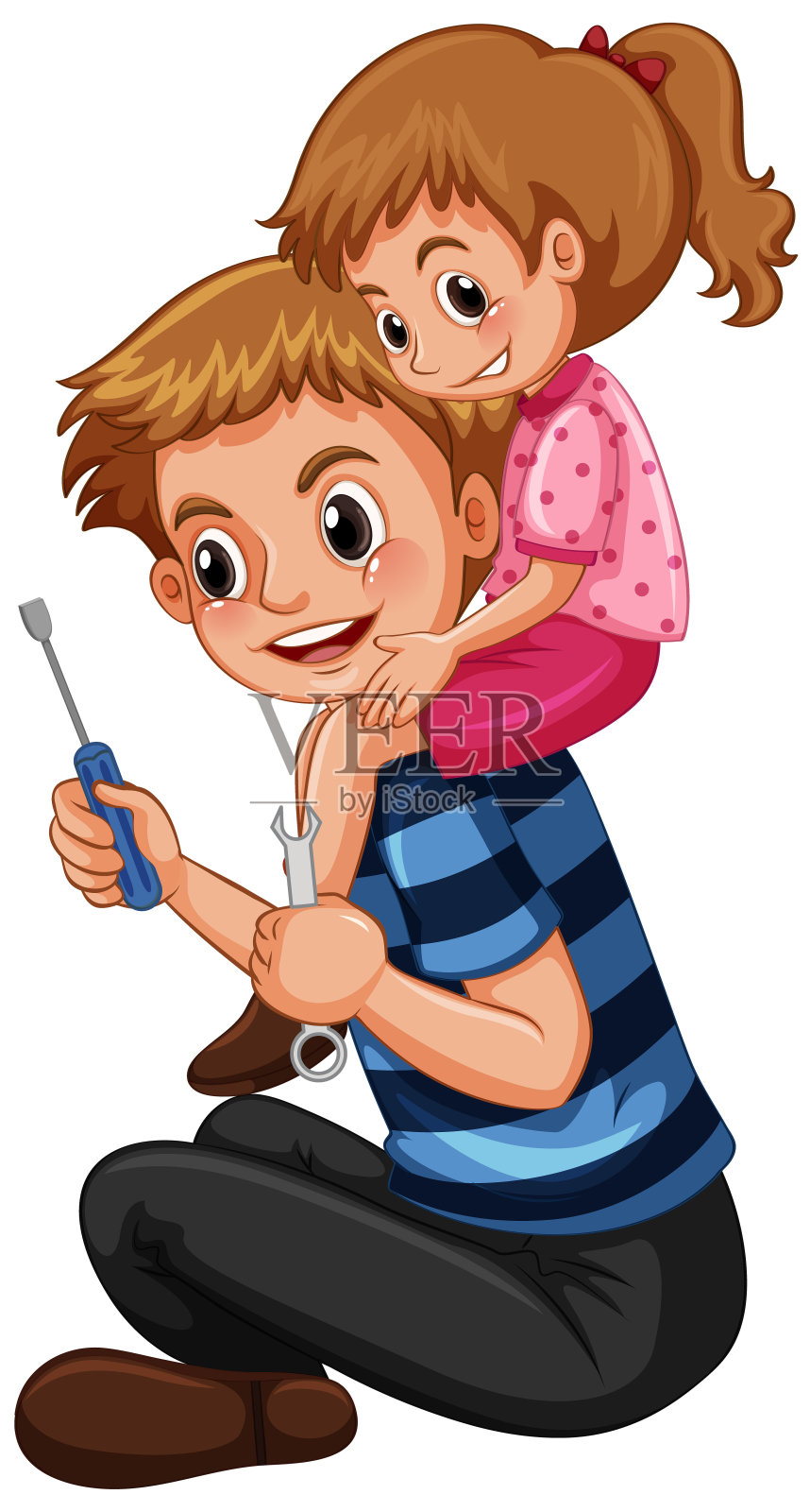 爸爸拿着螺丝刀和扳手和可爱的女儿插画图片素材
