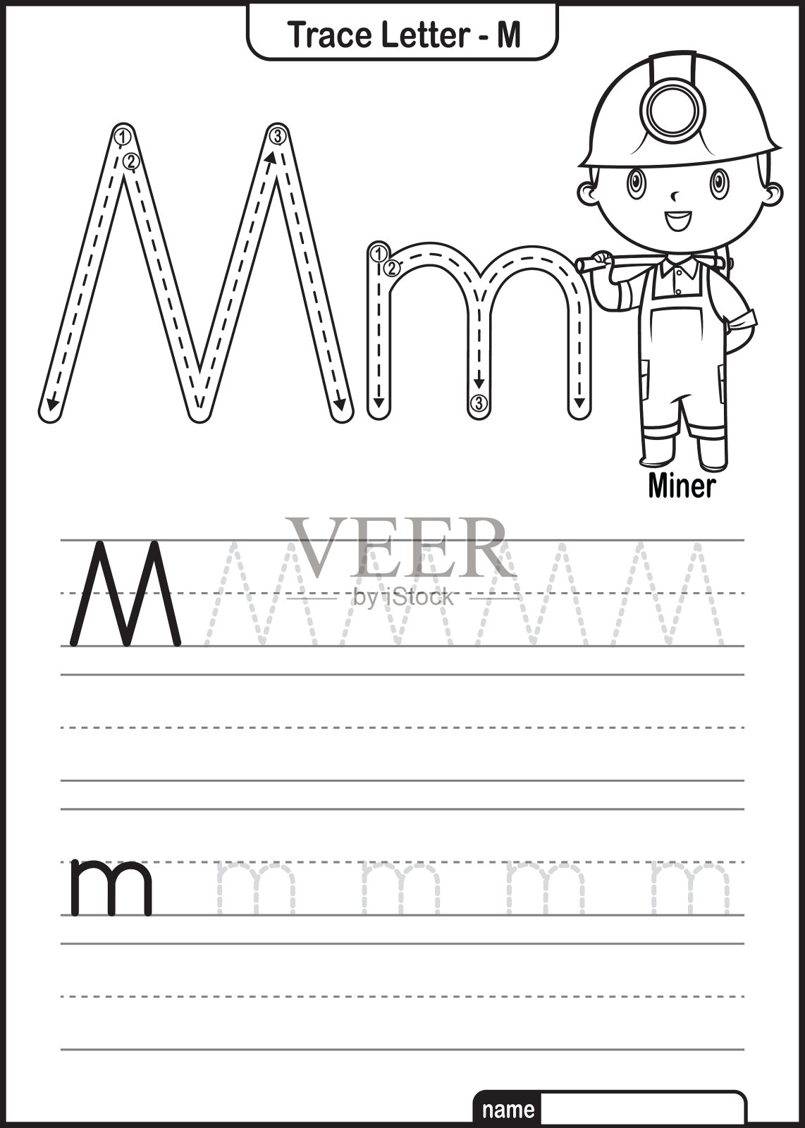 字母跟踪字母A到Z学龄前工作表与字母M矿工Pro矢量插画图片素材