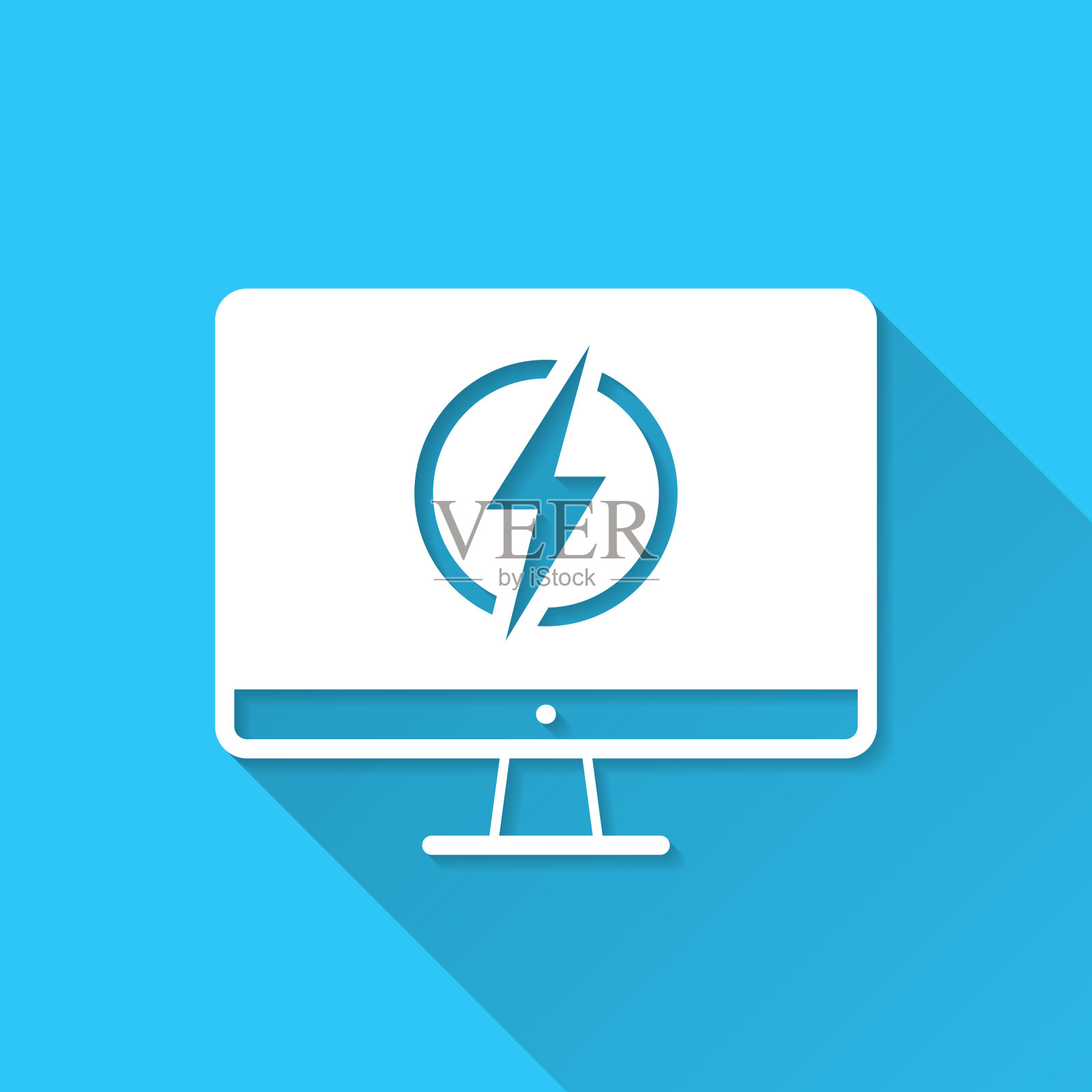 带有电符号的台式电脑。图标在蓝色背景-平面设计与长阴影插画图片素材