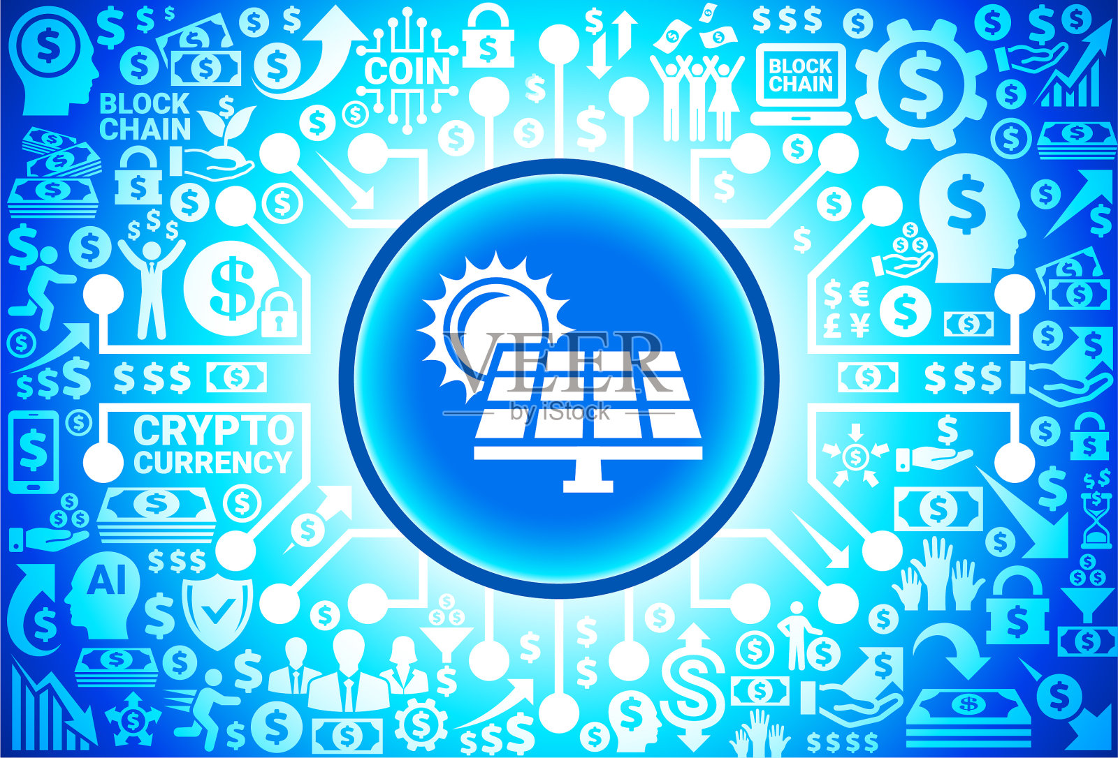 货币和加密货币背景上的太阳能面板图标插画图片素材