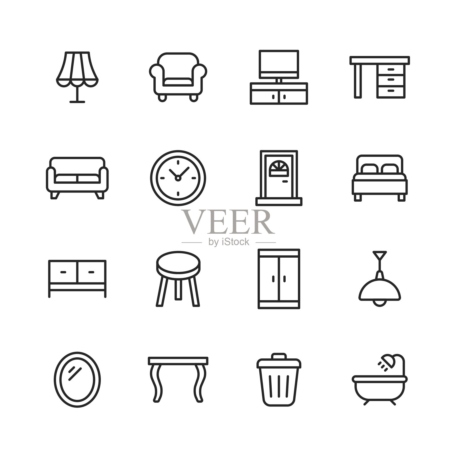 家具行图标。可编辑的中风。像素完美。移动和网络。包含如灯，扶手椅，电视长椅，书桌，沙发，沙发，门，床，衣柜，浴室，餐桌，镜子等图标。图标素材