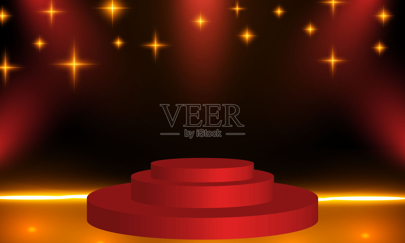 一个空白模板布局的空白爵士音乐舞台的3d插图。舞台被聚光灯照亮，背景为蓝色。舞台空放置你的文本。插画图片素材