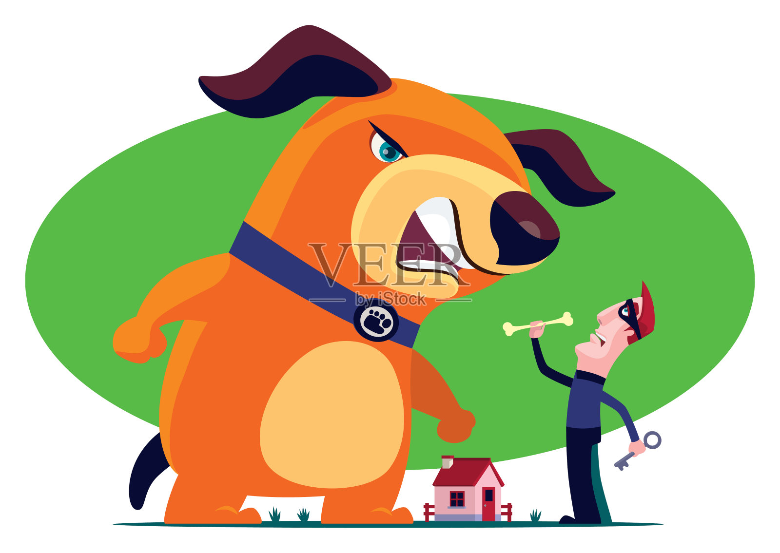 害怕小偷拿着骨头，遇见愤怒的狗插画图片素材