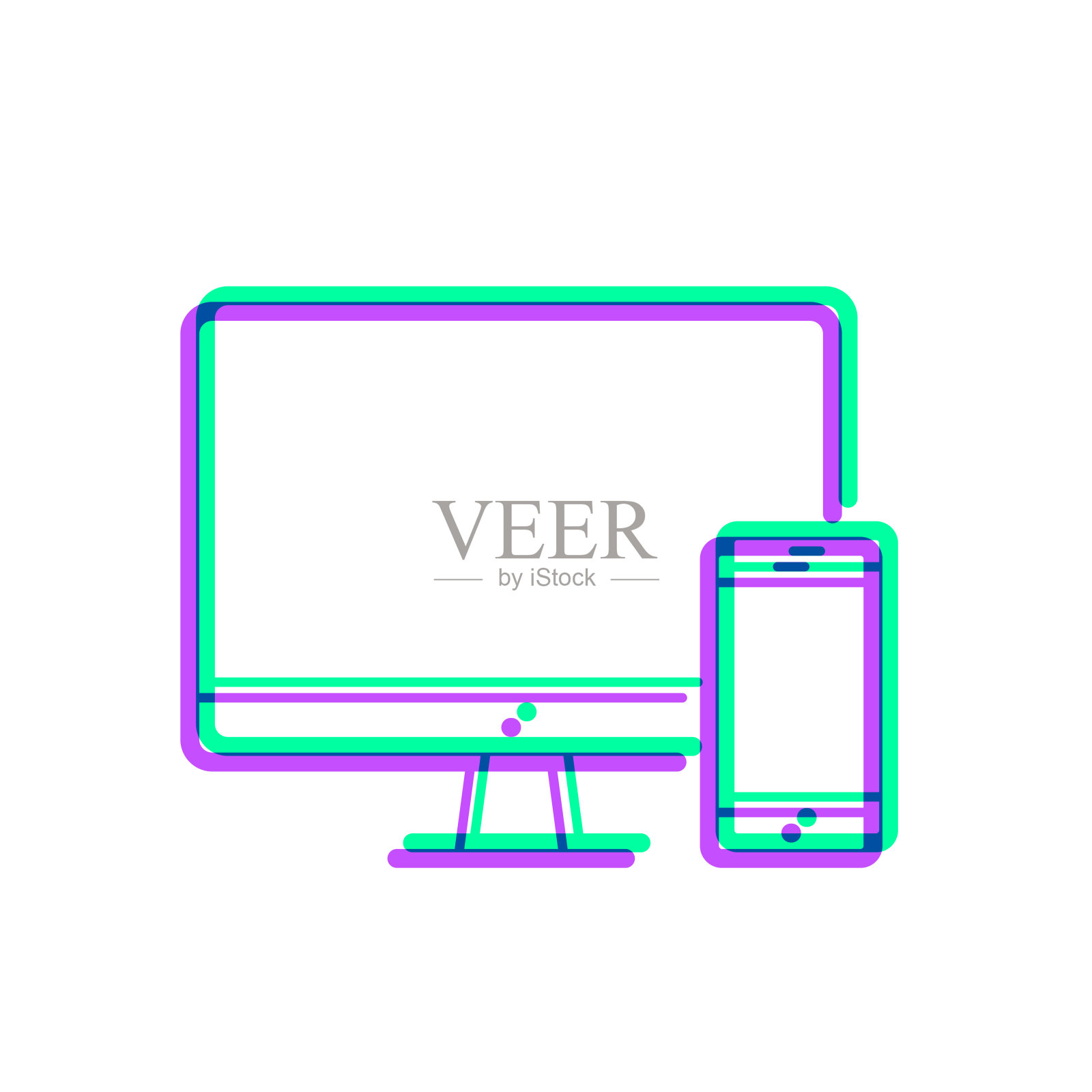 台式电脑和智能手机。图标与两种颜色叠加在白色背景上插画图片素材