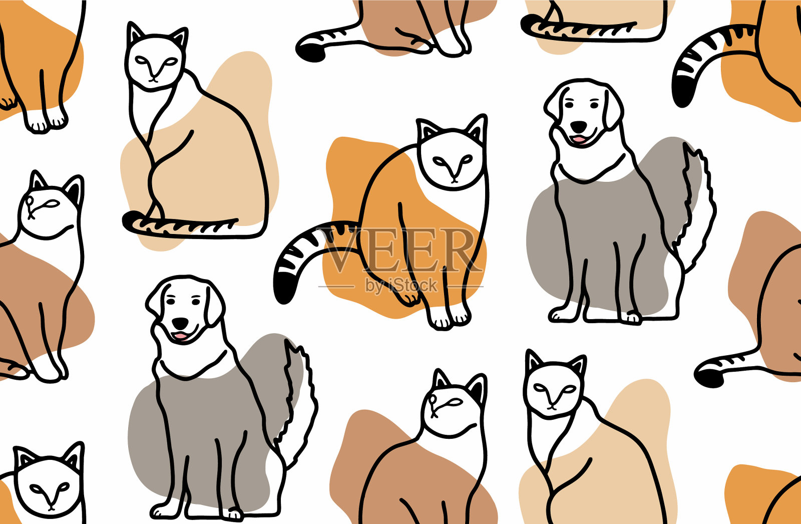 无缝图案线条艺术风格与猫和狗插画图片素材