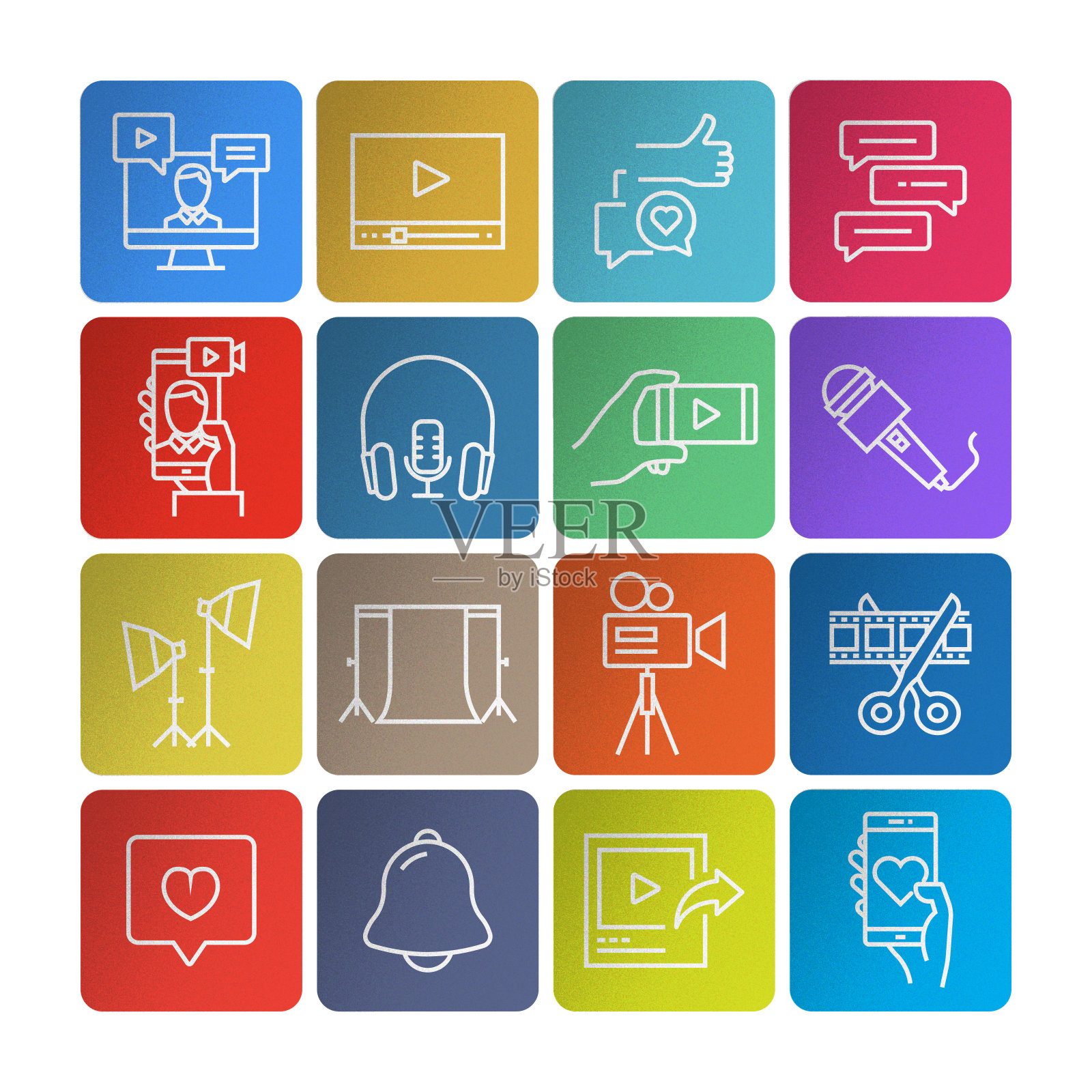 视频博主和youtube相关的线图标的集合。简单的轮廓图标。图标素材