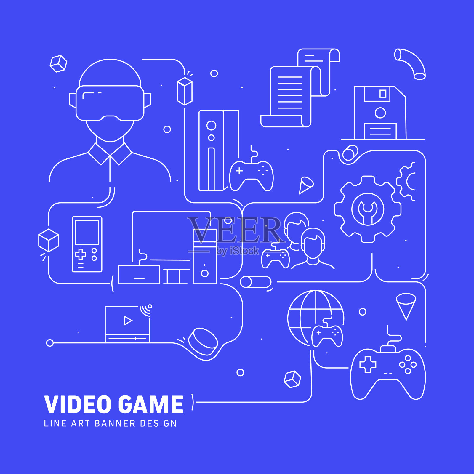 视频游戏相关线条风格横幅设计网页，标题，小册子，年度报告和书籍封面插画图片素材