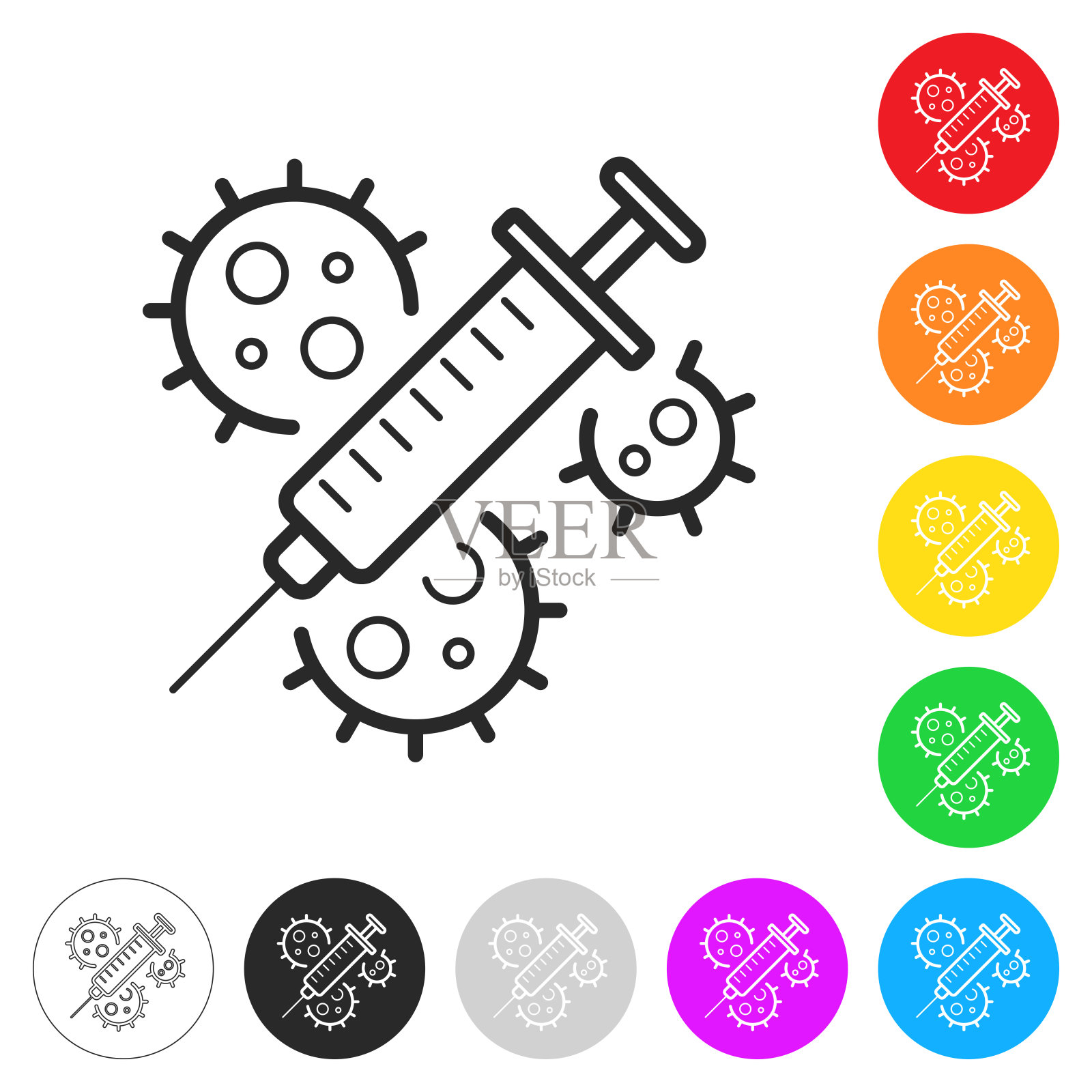 冠状病毒Covid-19疫苗。按钮上不同颜色的平面图标插画图片素材