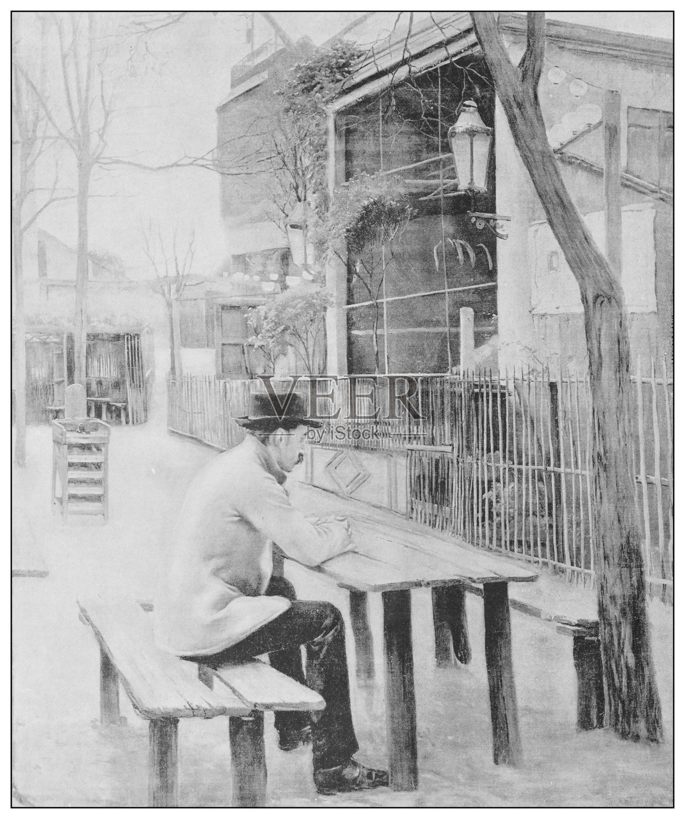 19世纪的古董名画:俄国画家S Russinol的《波西米亚人》插画图片素材