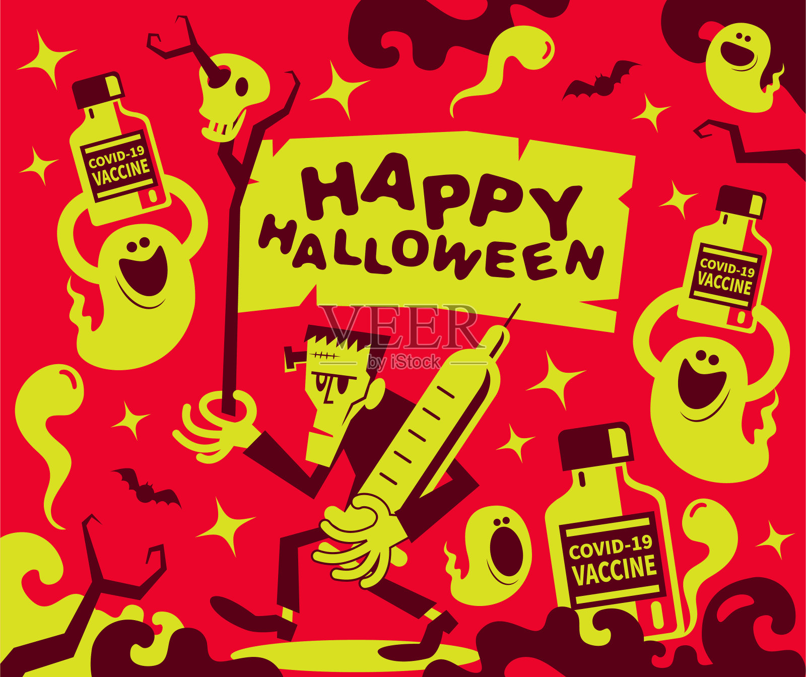 幽灵般的弗兰肯斯坦展示万圣节安全知识，手持疫苗瓶和注射器对抗COVID-19插画图片素材