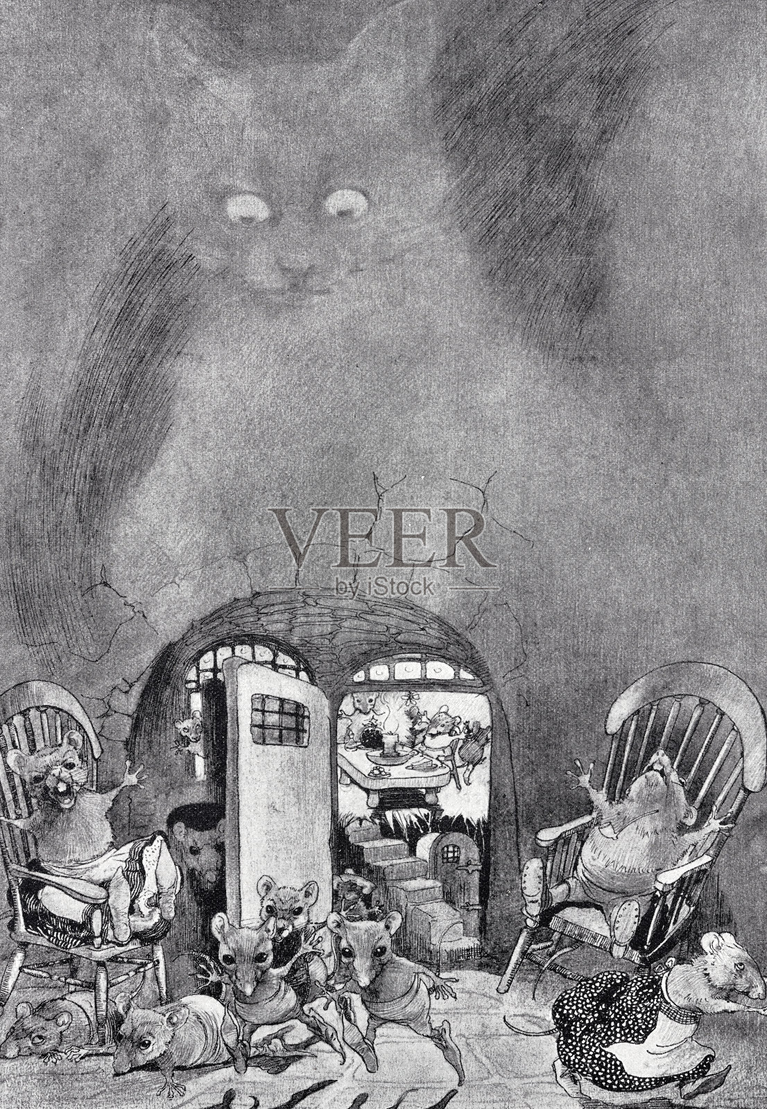 拟人化图像:老鼠在吃饭时被一只猫打扰，猫在墙上的影子可见插画图片素材