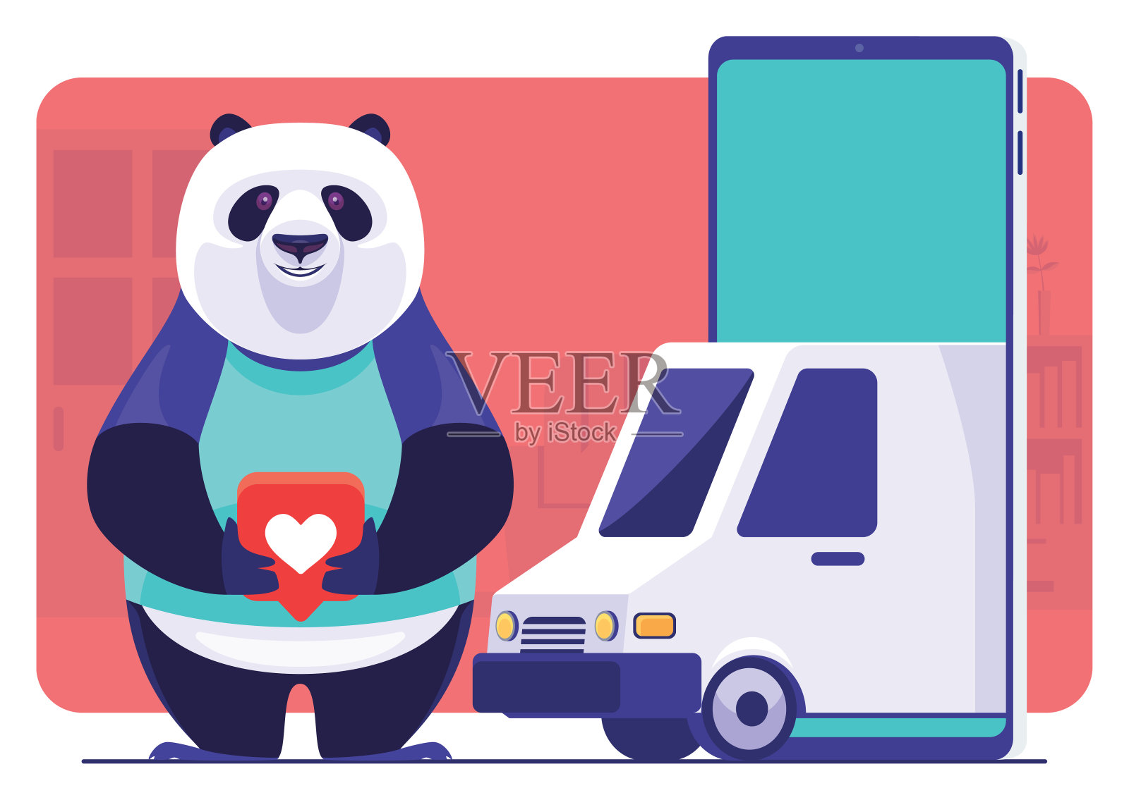 熊猫快递手拿图标，站在智能手机旁边插画图片素材