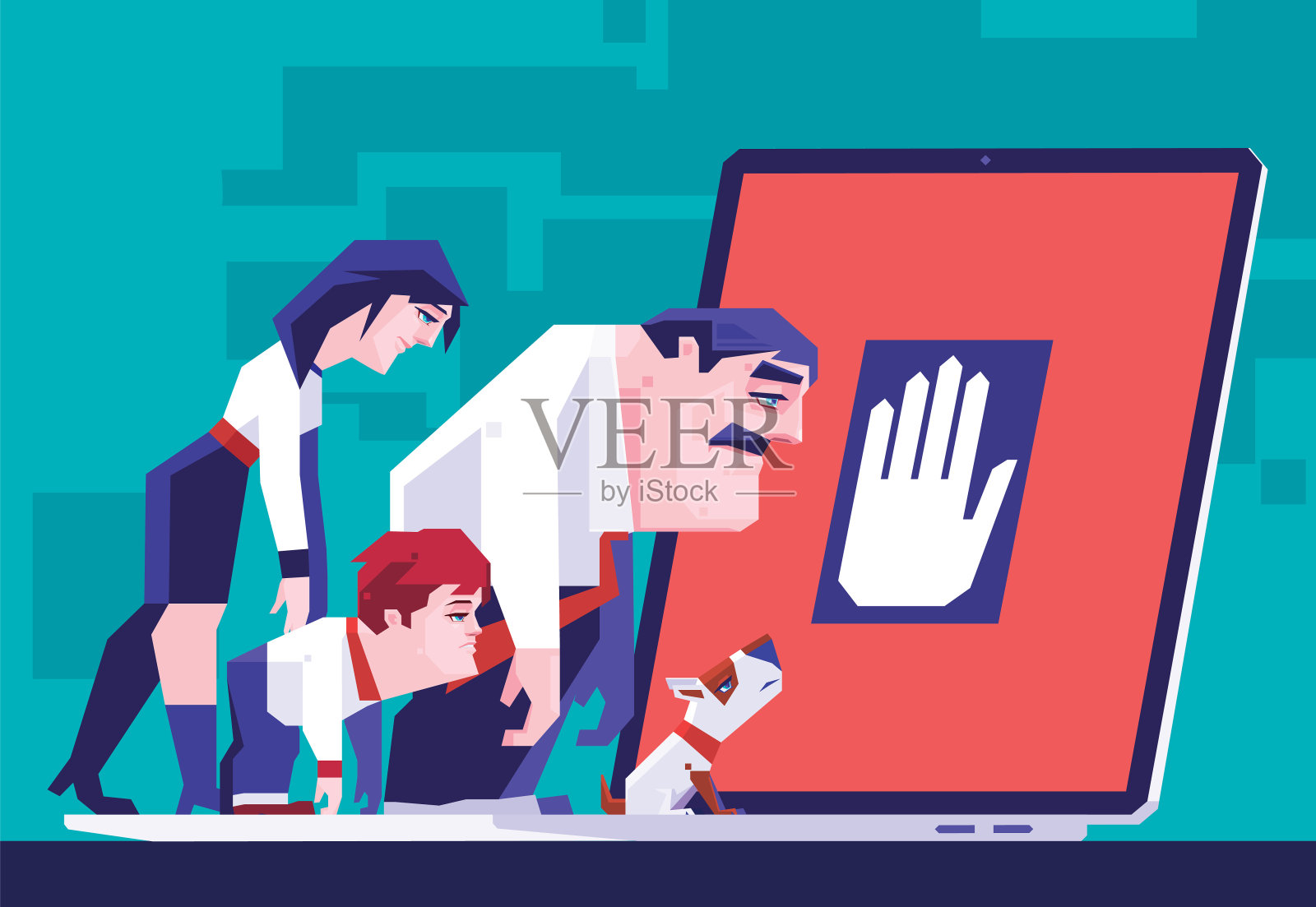 疲惫的夫妇和儿子看着停止标志的笔记本电脑插画图片素材