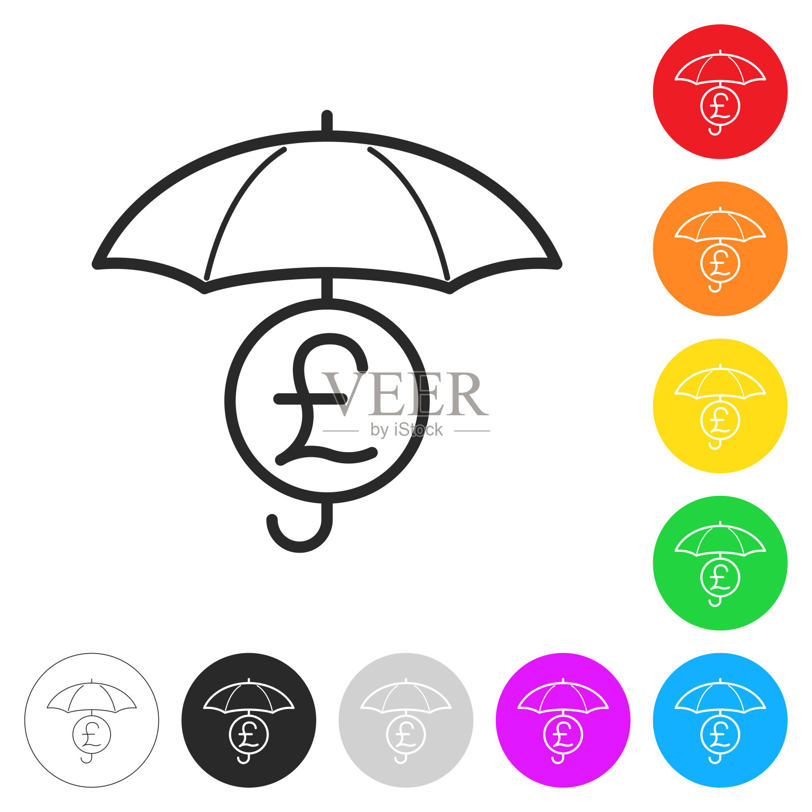 雨伞下的一英镑硬币。彩色按钮上的图标插画图片素材