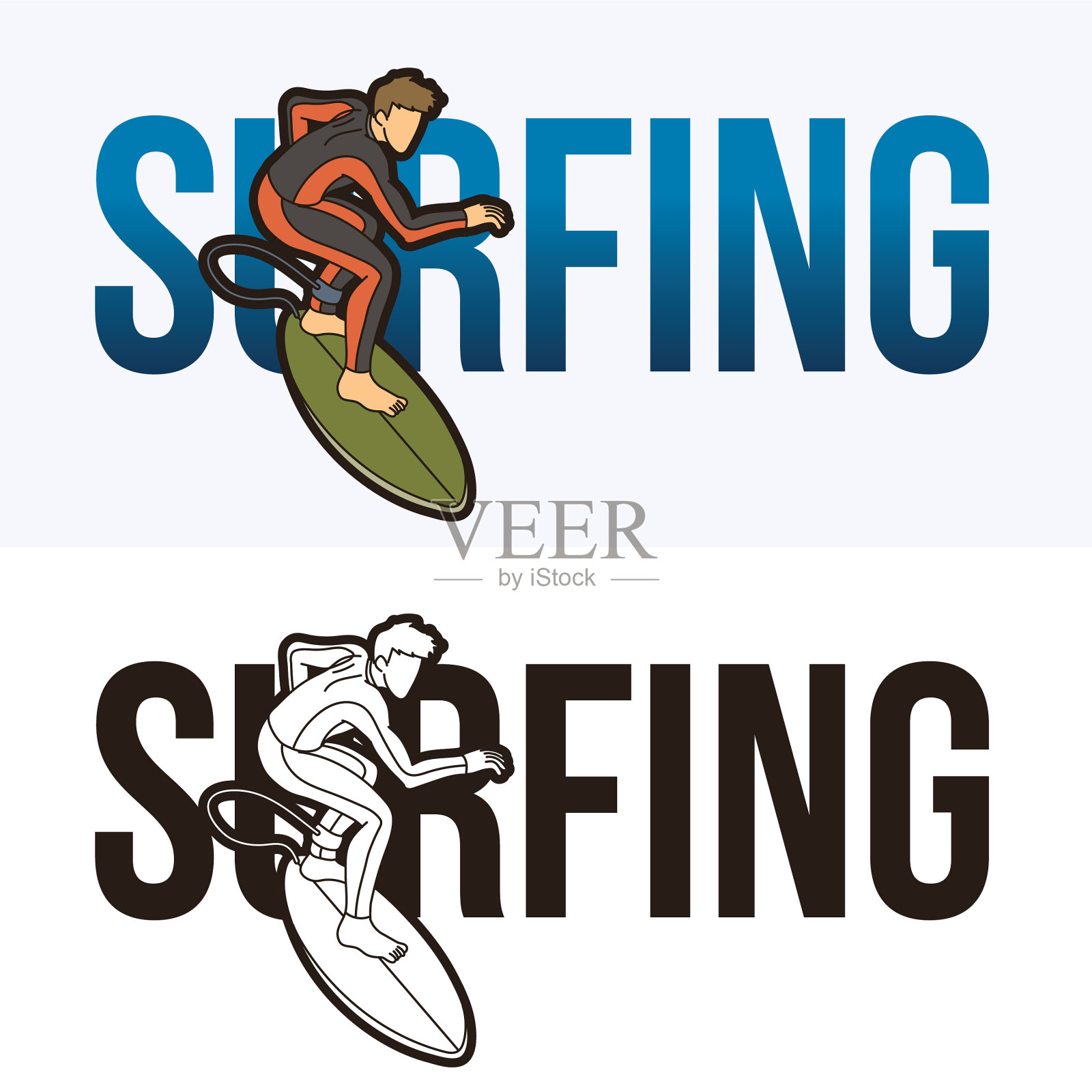 冲浪文字与体育运动员图形插画图片素材