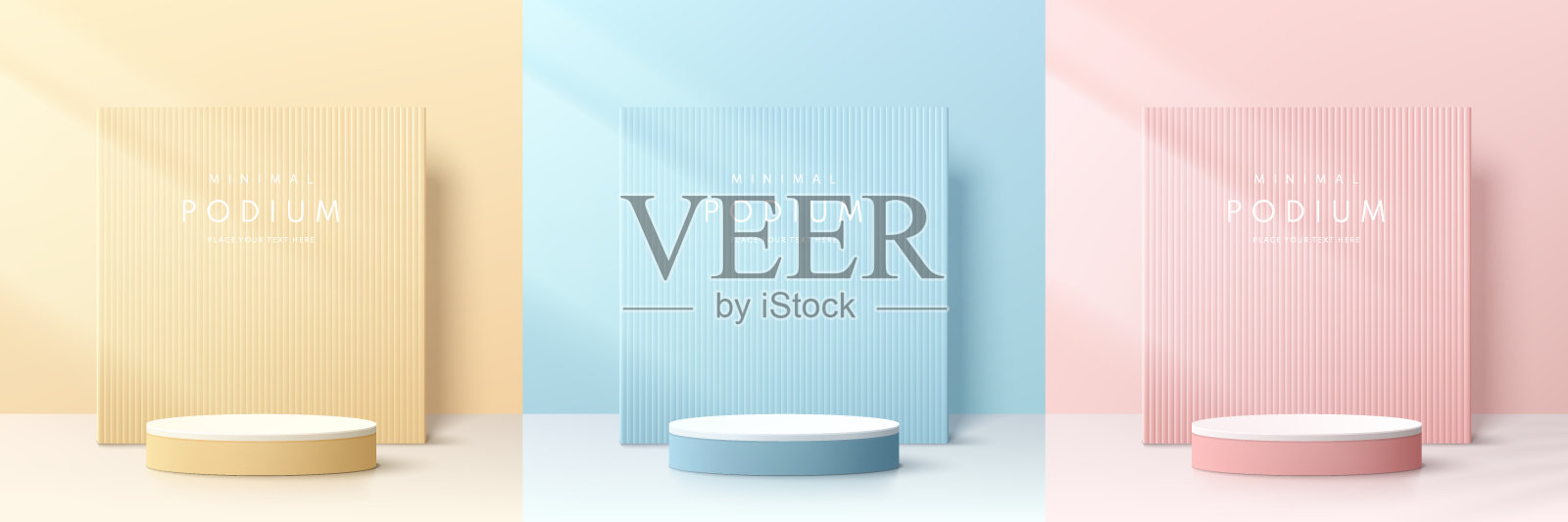 一套粉红色，黄色，蓝色和白色的现实三维圆柱体基座平台与广场背景和树叶阴影覆盖。抽象的工作室房间。产品展示、促销展示的最小场景。插画图片素材