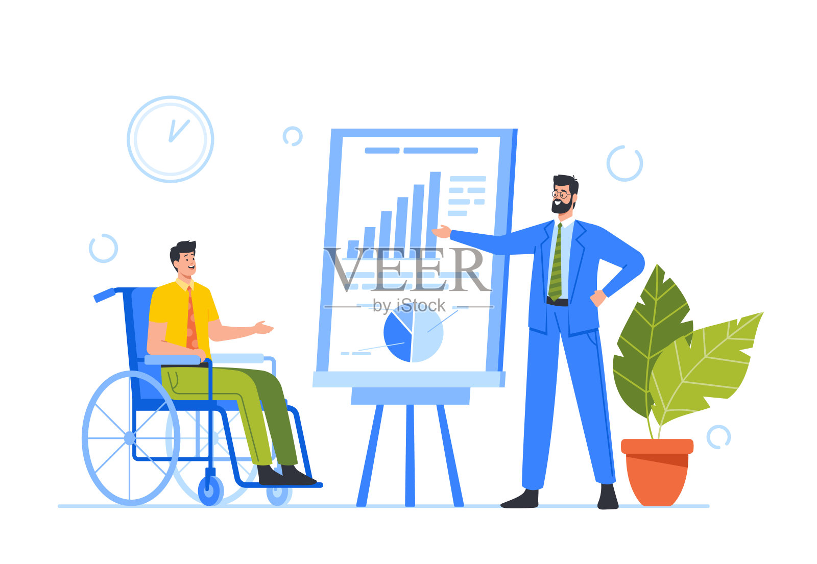 残疾商人在轮椅上观看研讨会演示与沙发或老板性格给予财务信息插画图片素材