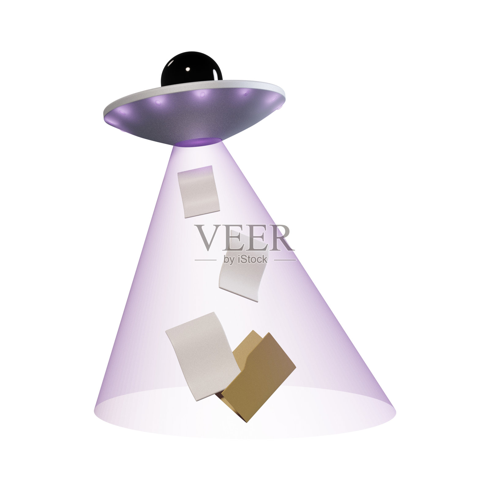 带光束的3D外星飞船。飞行UFO船升降文件文件夹孤立在白色背景，3D渲染照片摄影图片