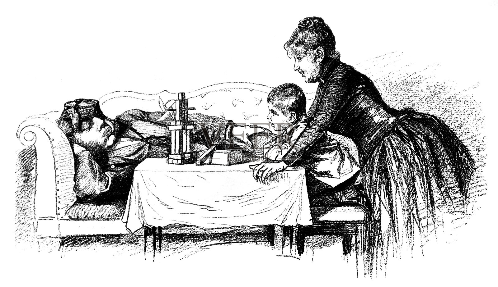 带着孩子的母亲看着熟睡的父亲插画图片素材