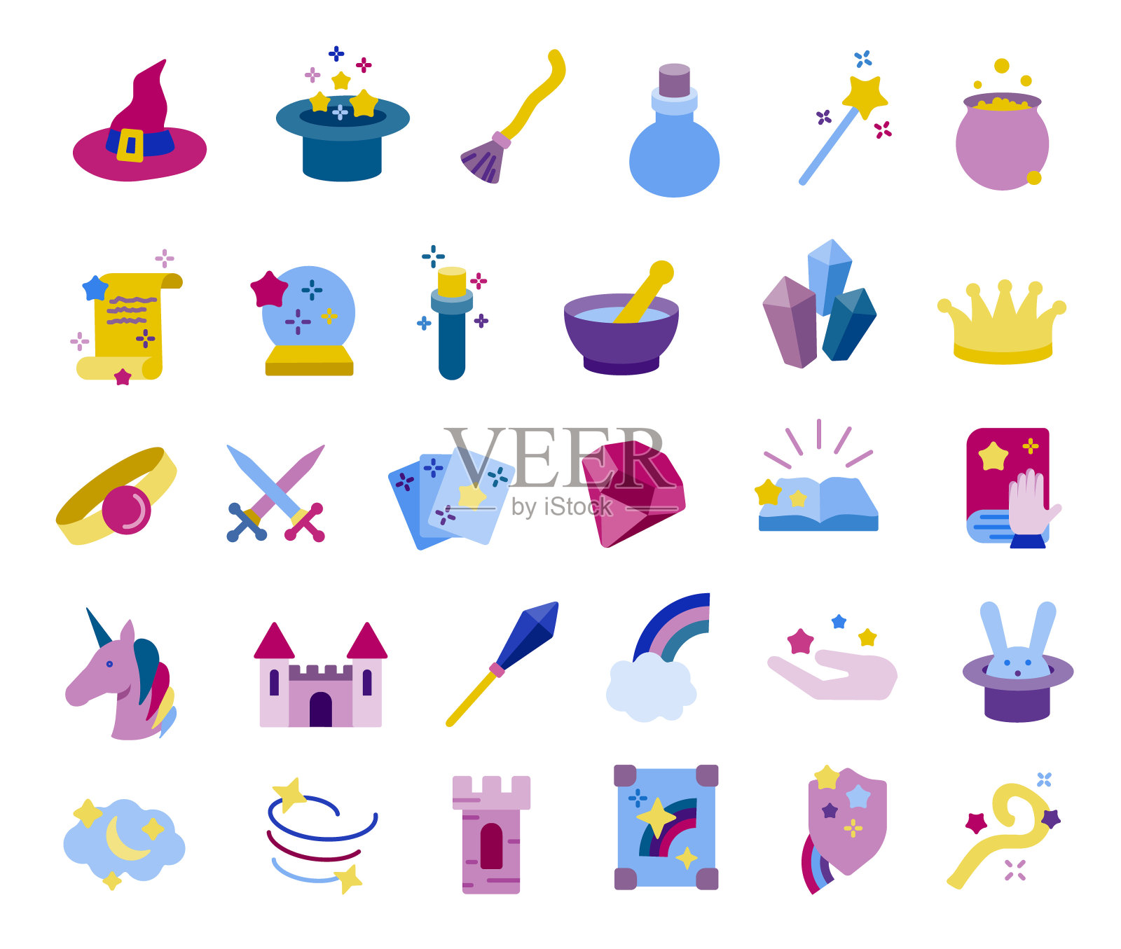 奇幻世界扁平风格图标集插画图片素材