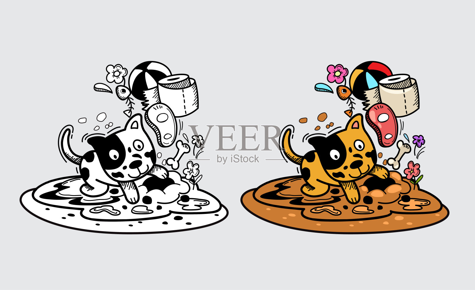 插图孤立彩色和黑白狗为着色书插画图片素材