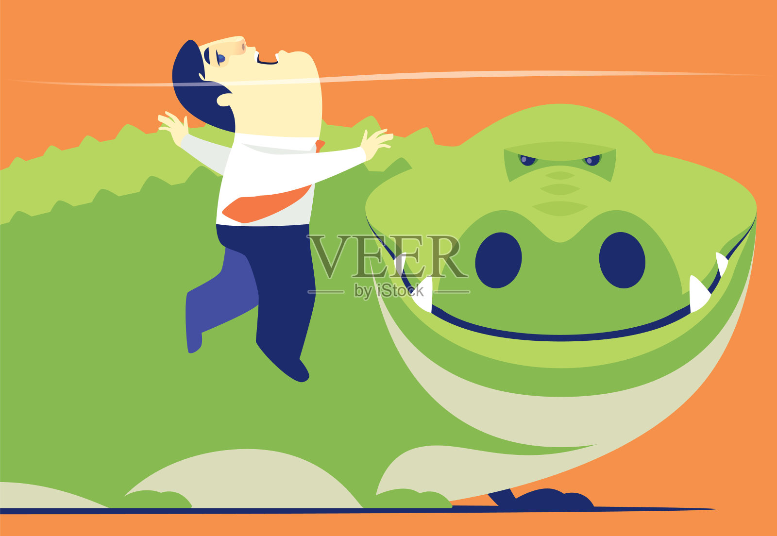 商人溺水，遇到大鳄鱼插画图片素材