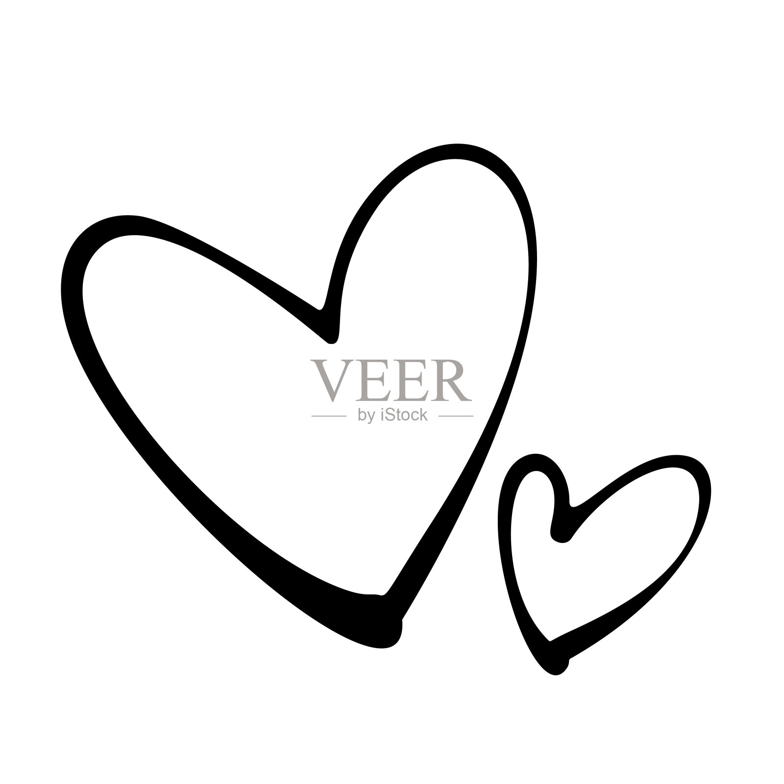 两个手绘的心形图标。白色背景上的黑色描边。插画图片素材