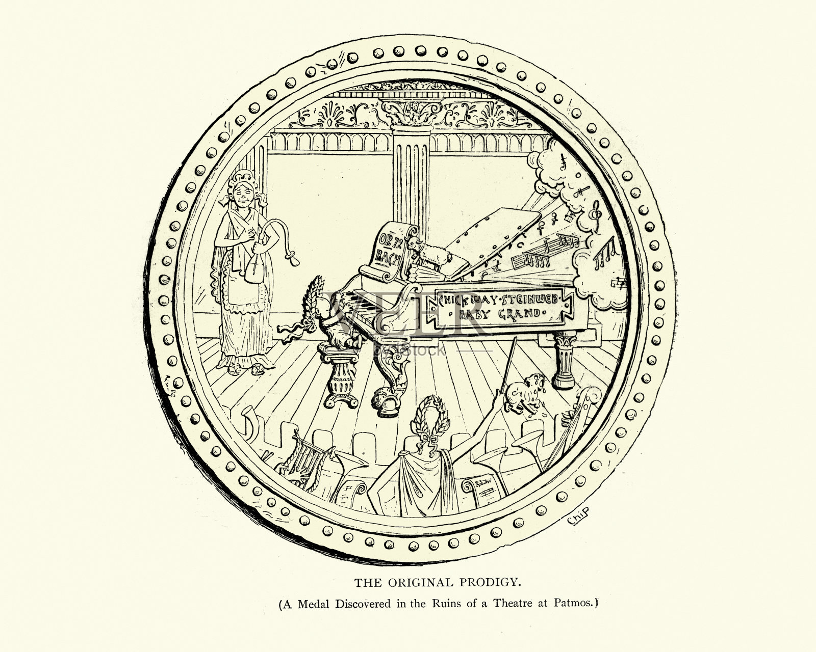 维多利亚时代的卡通，独创的神童，弹钢琴的宝贝插画图片素材