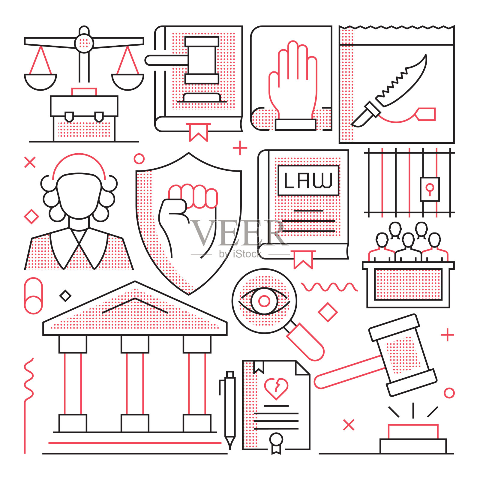 法律与公正Web Banner，线性图标，潮流线性风格矢量插画图片素材