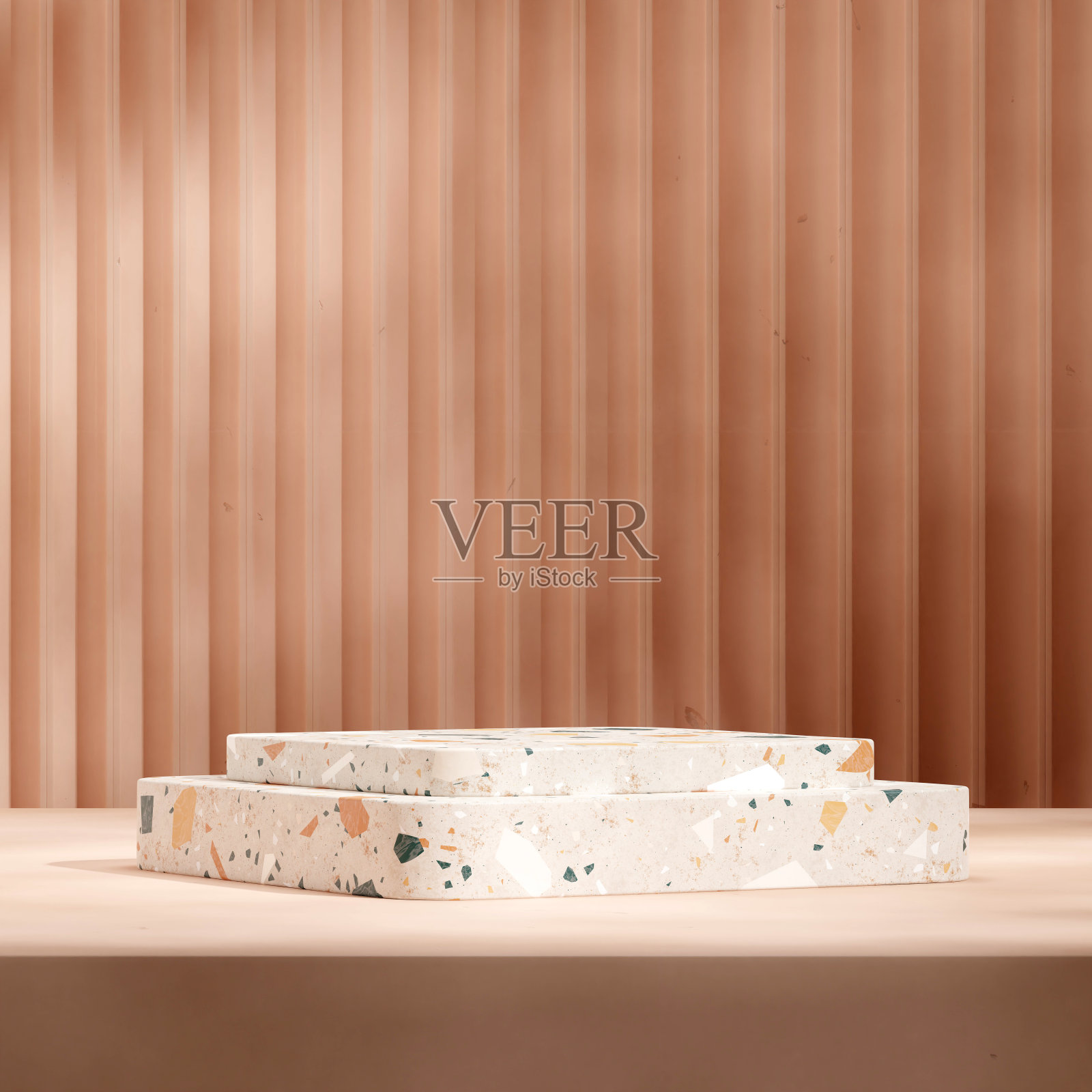 彩色水磨石讲台在方形棕色图案墙，3d渲染模板模型照片摄影图片