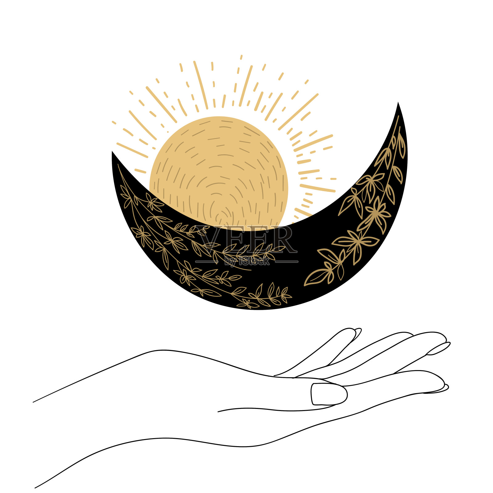 的手。月亮和太阳。神秘的波西米亚插画。插画图片素材