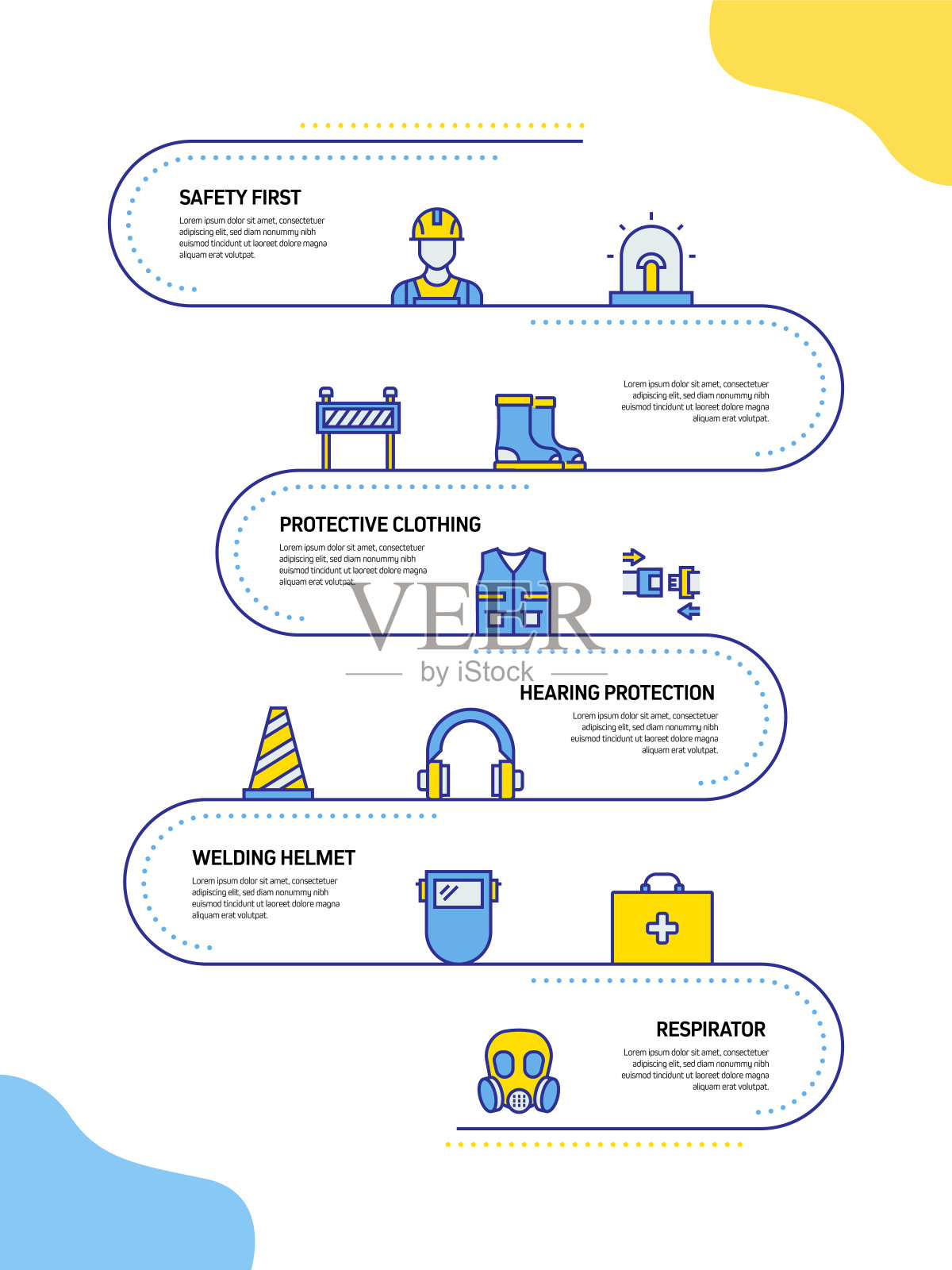 工作安全相关过程信息图表模板。过程时间图。使用线性图标的工作流布局插画图片素材