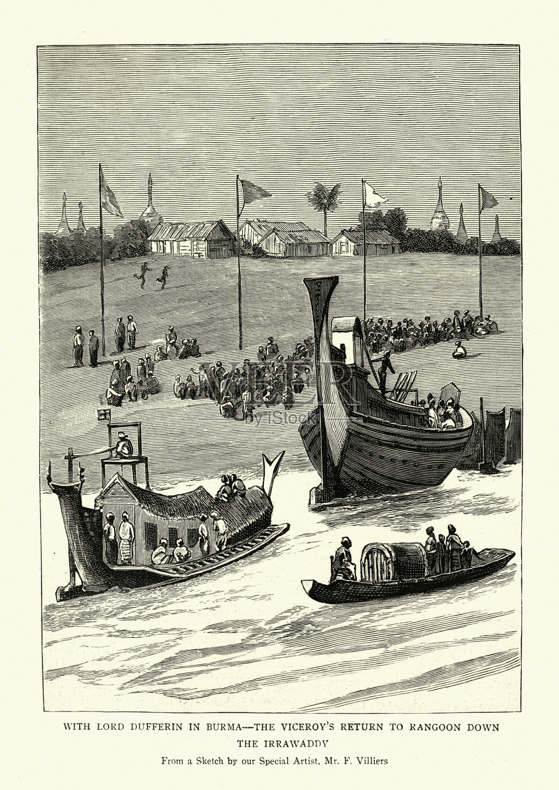 19世纪，伊洛瓦底江上的传统缅甸船只插画图片素材