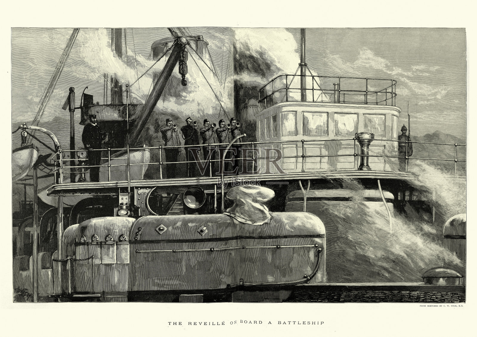 皇家海军号兵在战列舰舰桥上演奏起床号插画图片素材