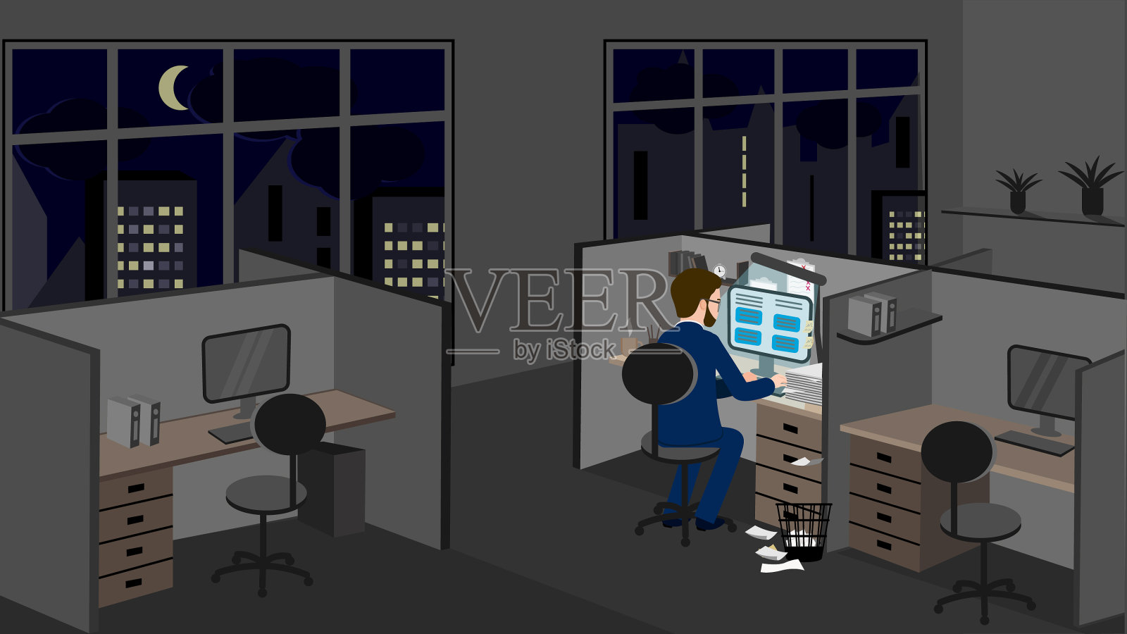 一个上班族在空无一人的办公室里工作到深夜插画图片素材