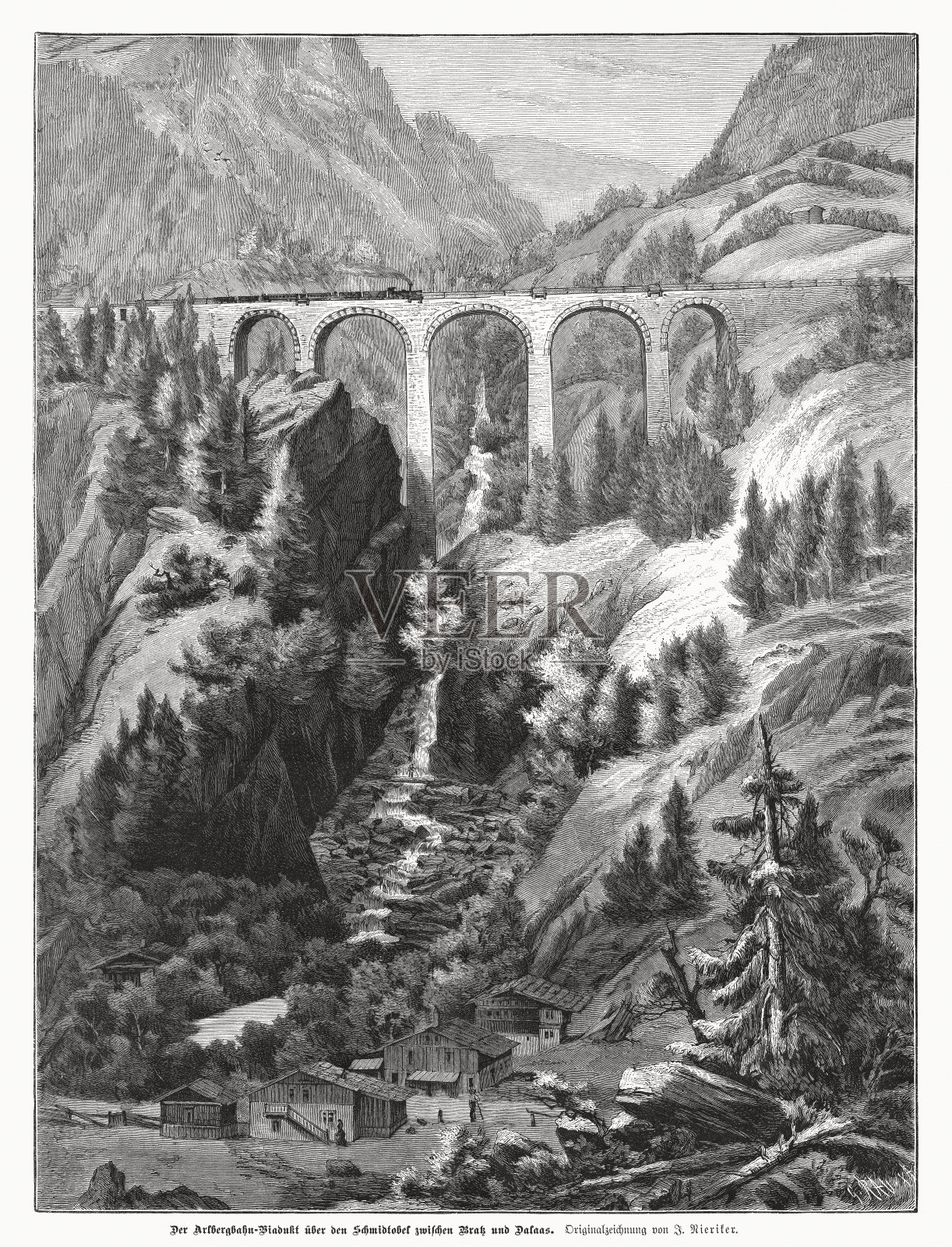 奥地利阿尔伯格高架桥，木刻，1885年出版插画图片素材