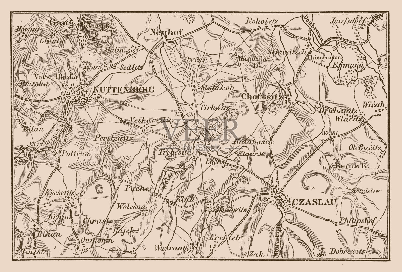 库特纳霍拉-恰斯劳-乔图西茨地区地图插画图片素材