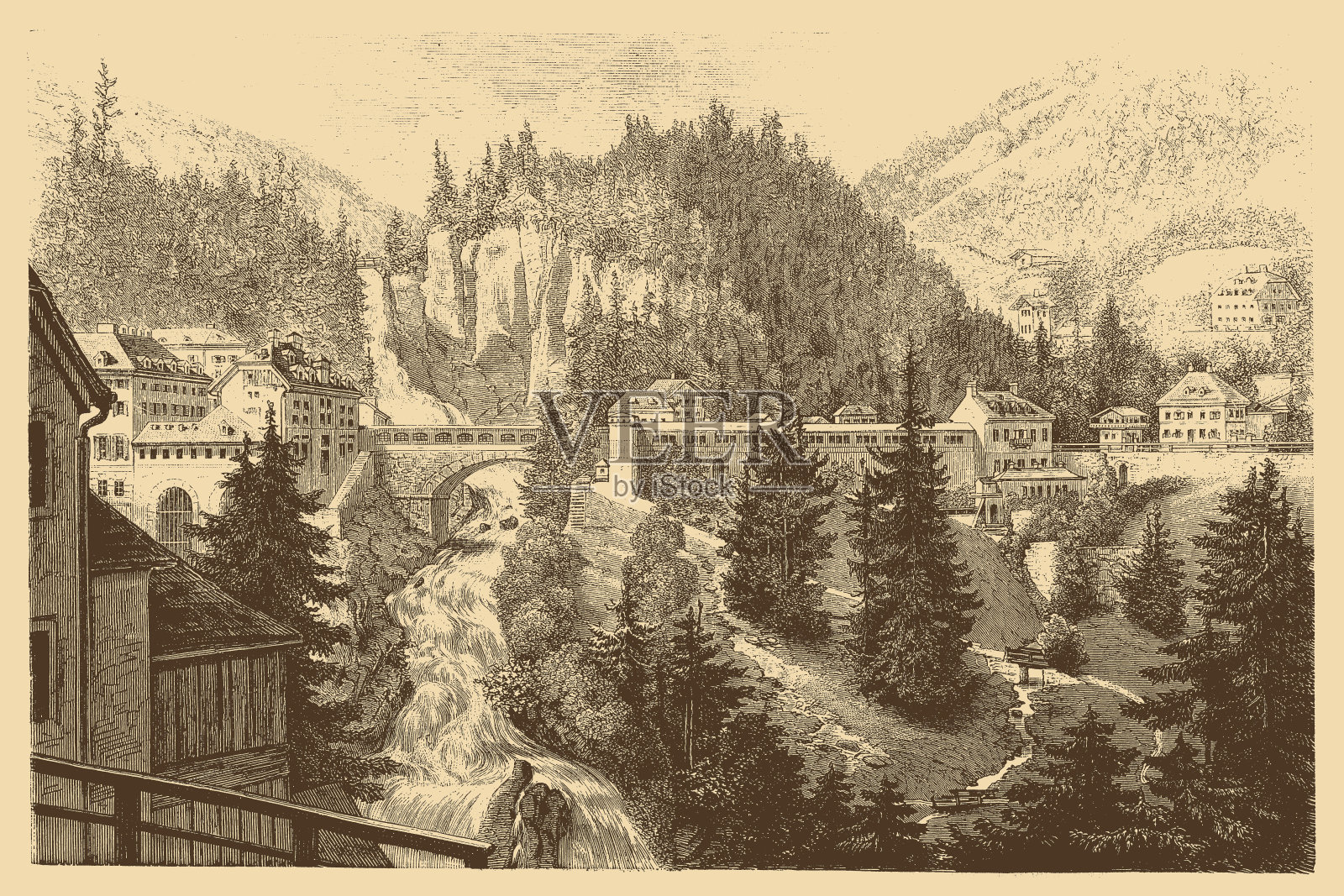 在萨尔茨堡州的圣约翰im Pongau区有一个嘎斯坦瀑布插画图片素材