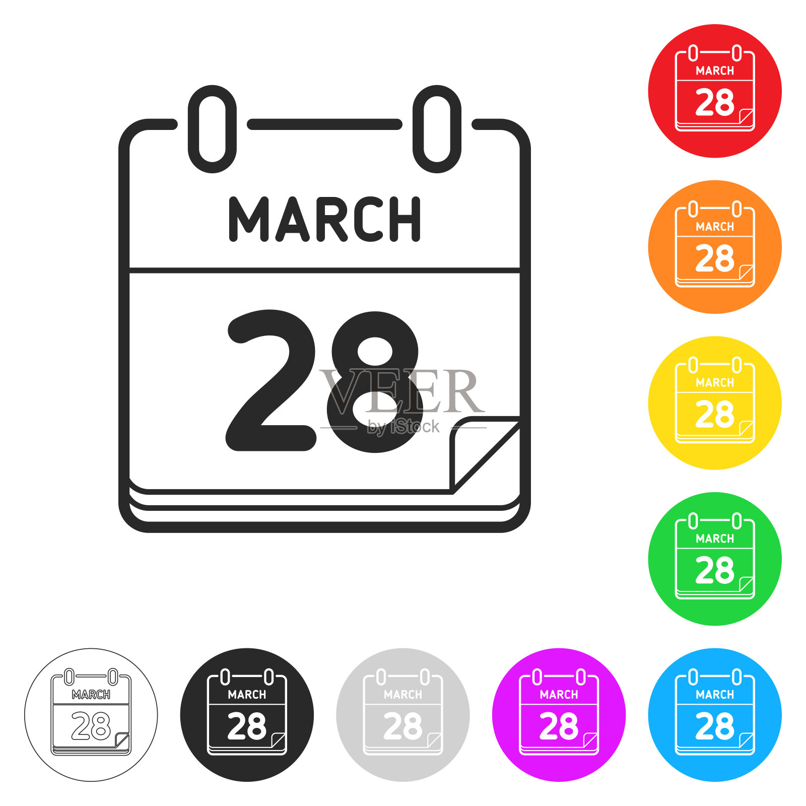 3月28日。按钮上不同颜色的平面图标插画图片素材