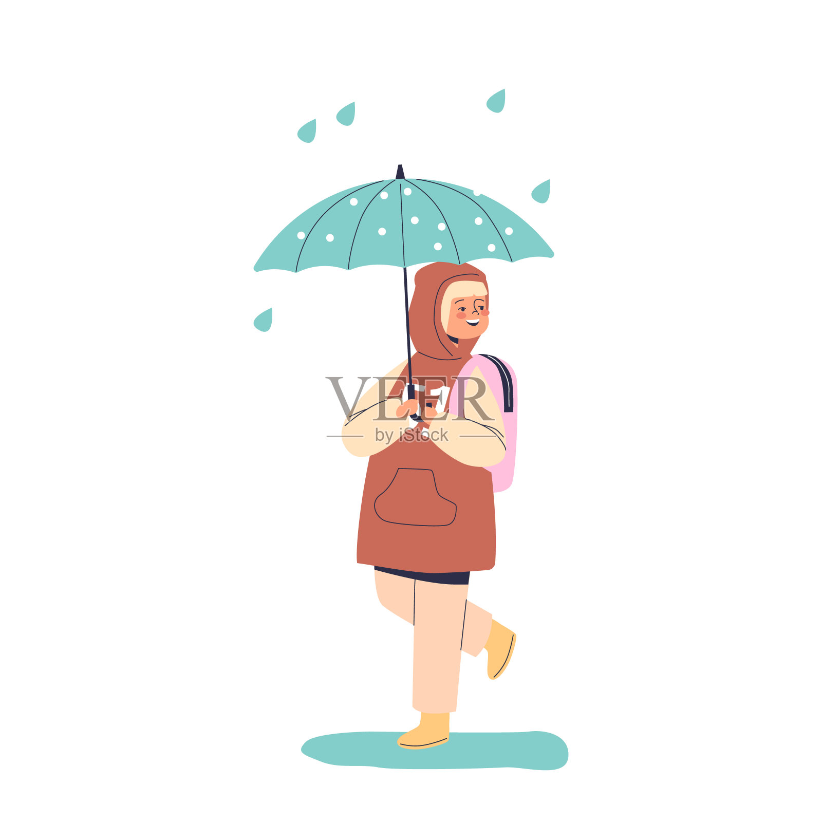 可爱的小女孩在雨天撑着伞走着，带着阳伞开心的笑着插画图片素材