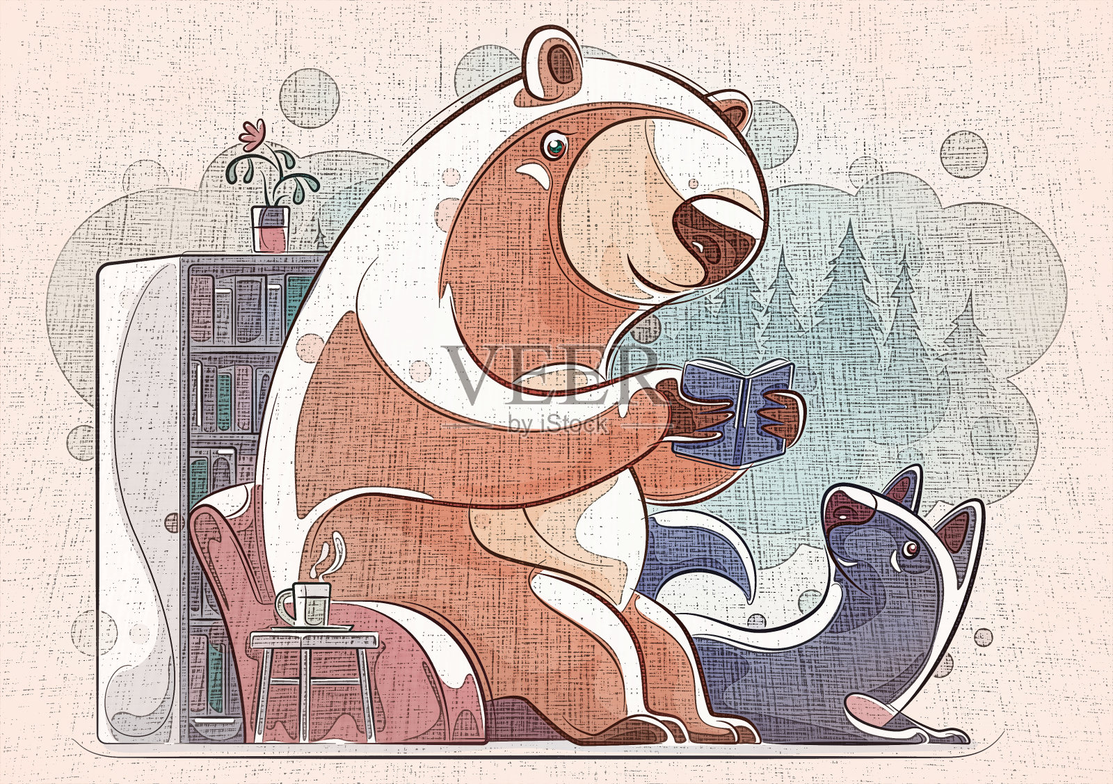 熊在狼旁边看书插画图片素材