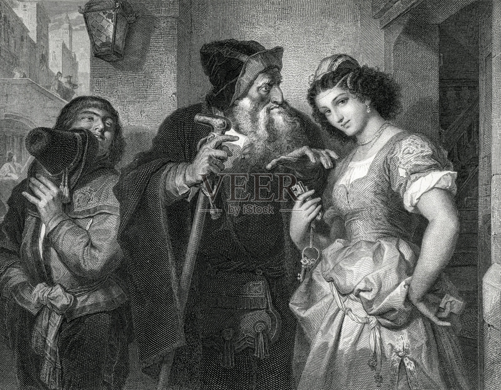 《威尼斯商人》中的夏洛克和杰西卡插画图片素材