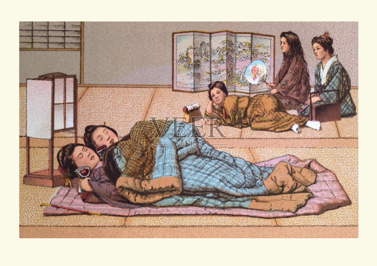 女性睡在传统的日本床垫上，榻榻米插画图片素材