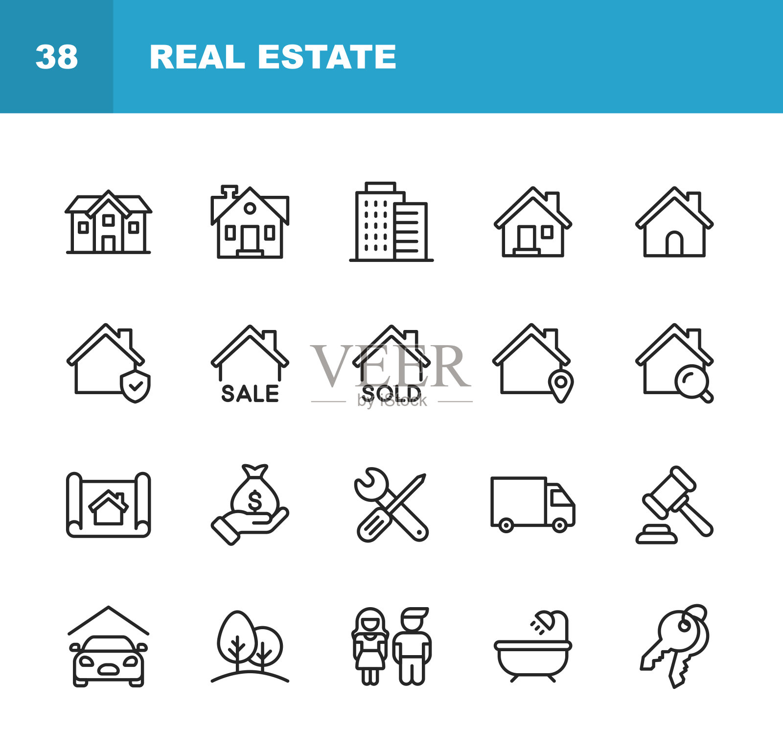 房地产线图标。可编辑的中风。像素完美。移动和网络。包含诸如建筑，家庭，钥匙，抵押，建筑，家庭，移动，翻新，蓝图，车库等图标。图标素材