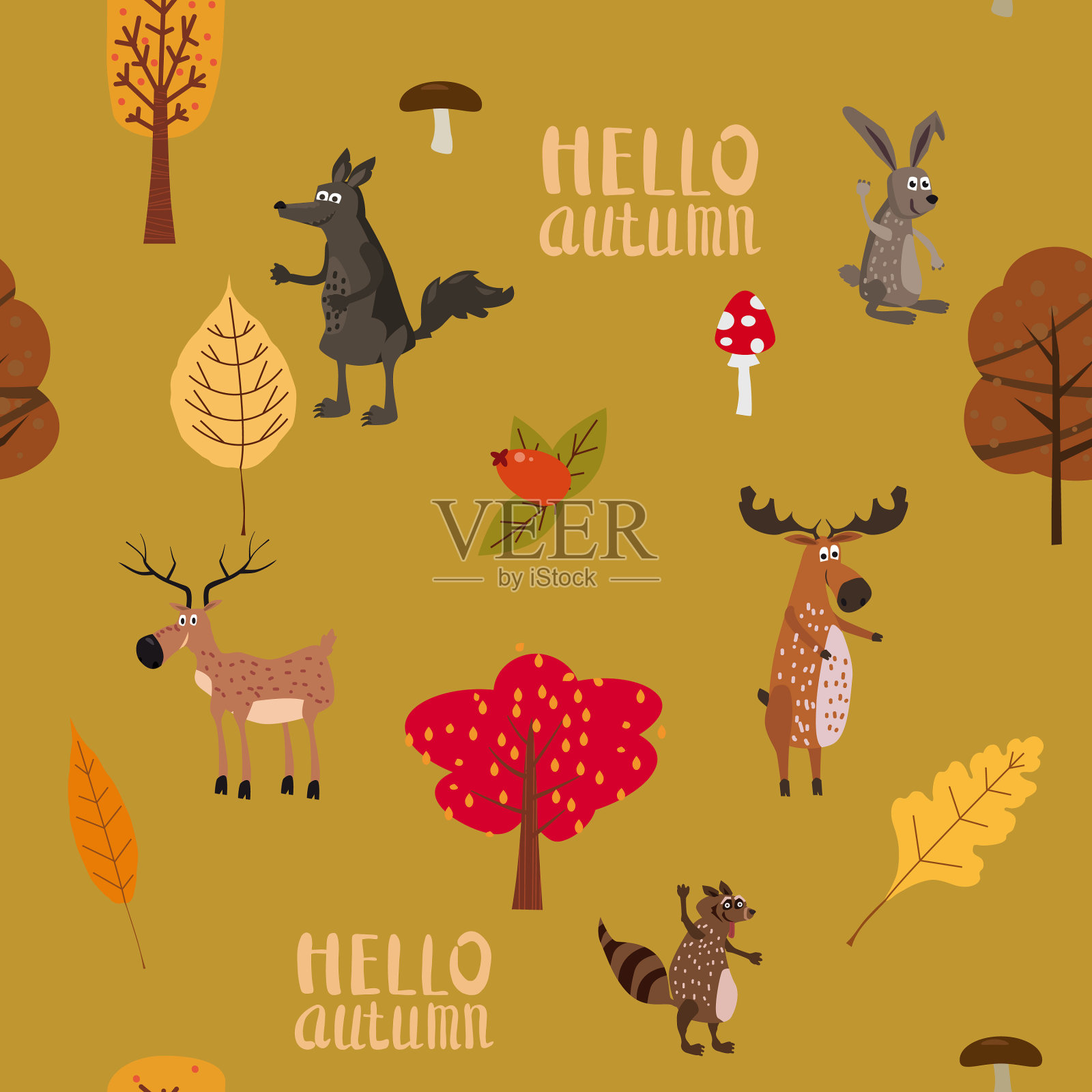 秋天森林里可爱的动物无缝图案插画图片素材