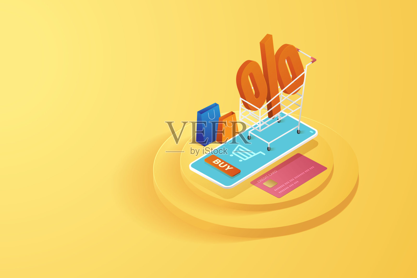 网上购物的百分比通过购物车，纸袋，信用卡和智能手机插画图片素材