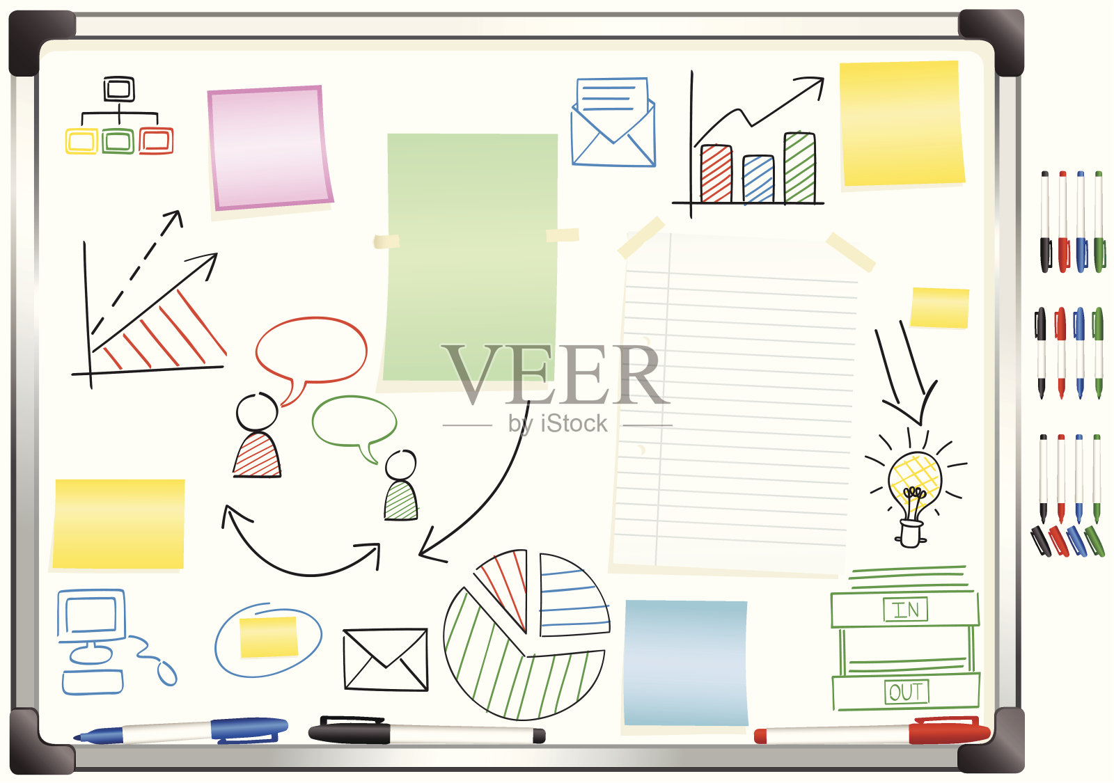 带有可移动笔记和图表的白板插画图片素材