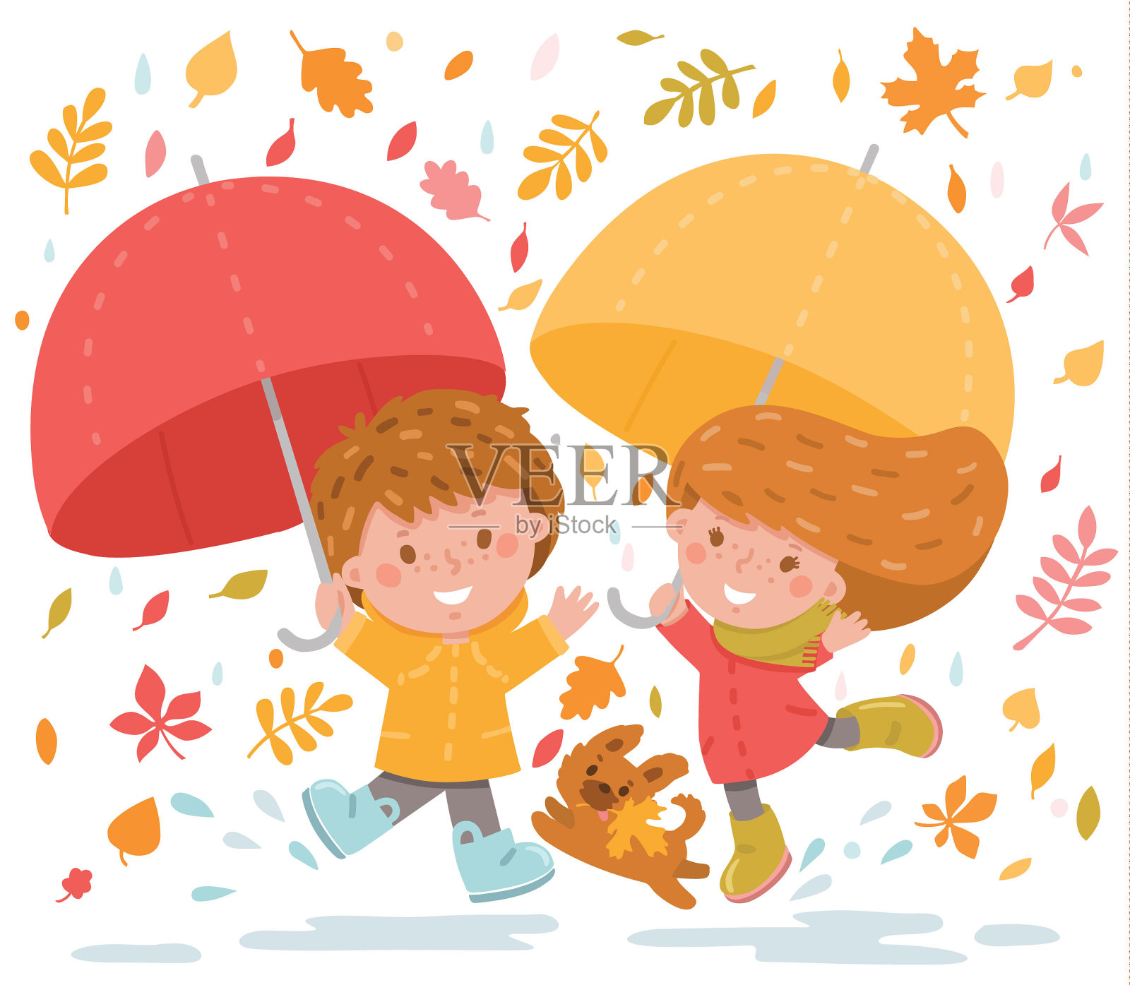 孩子和小狗在雨中欢快地跳跃，在秋叶中打着伞插画图片素材