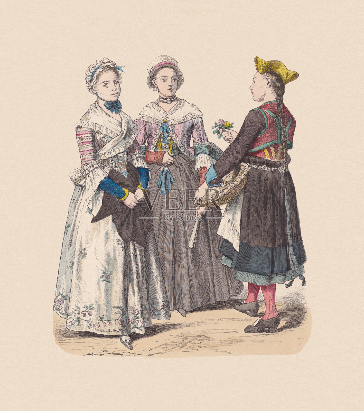 18世纪德国资产阶级服装，手工木刻，约1880年出版插画图片素材