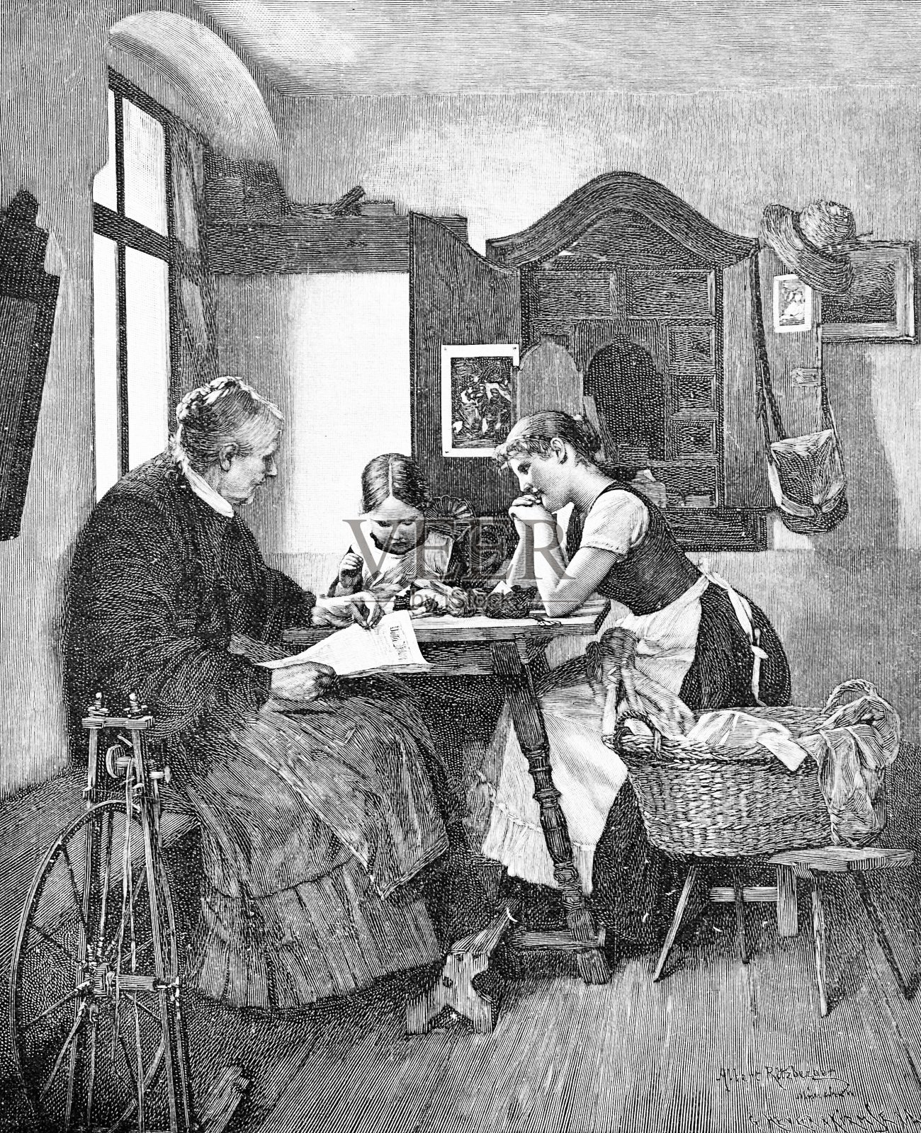 在母亲和祖母的指导下，桌子旁的女孩第一次尝试缝纫插画图片素材